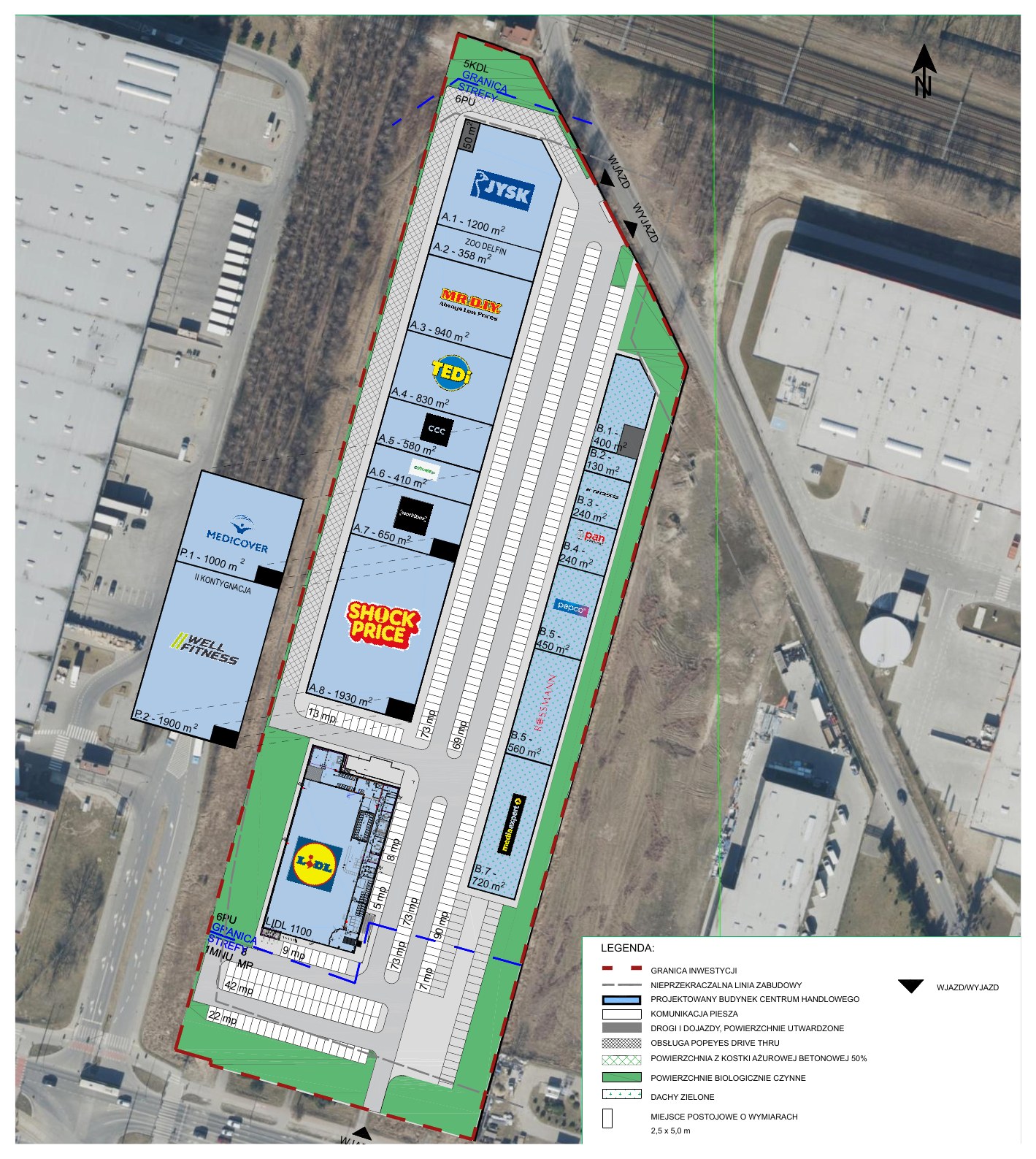 Plan zagospodarowania terenu SHOPLAND Łódź, ul. Rokicińska — układ budynków, lokali handlowych, parkingów i wjazdów